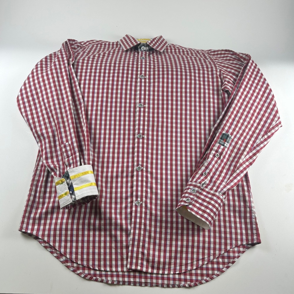 Robert Graham Men's M Tailored Fit Gingham Check Button Down Shirt Red White - Picture 3 of 12
